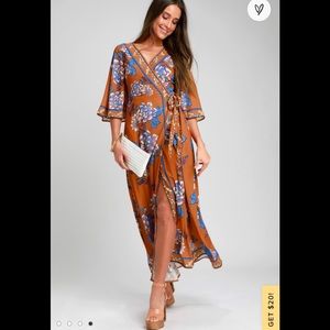Breezeway Rust Orange Floral Print Maxi Wrap Dress